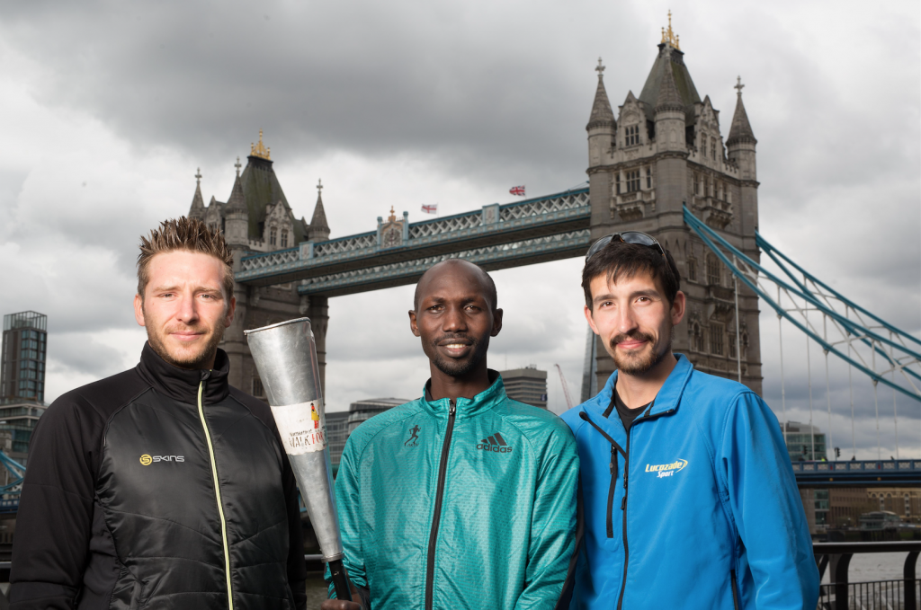 L-R: Rob Young (Marathon Man UK), Wilson Kipsang and Adam Holland encourage UK runners to join the Kenya Peace Torch Relay 2016