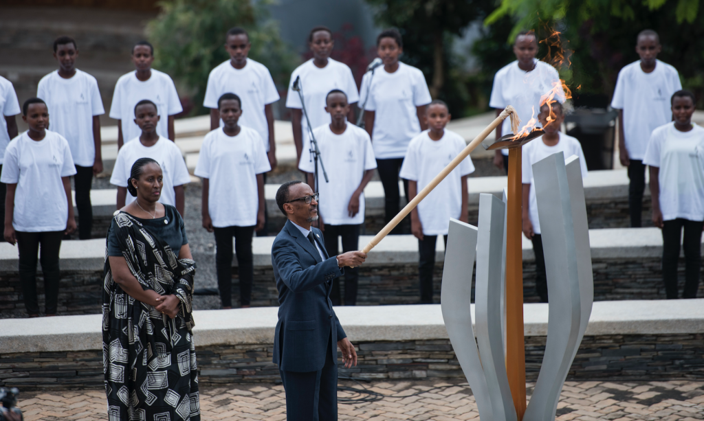 Rwanda's President Paul Kagame lights the flame of remembrance at the Kigali Genocide Memorial, 7 April 2018