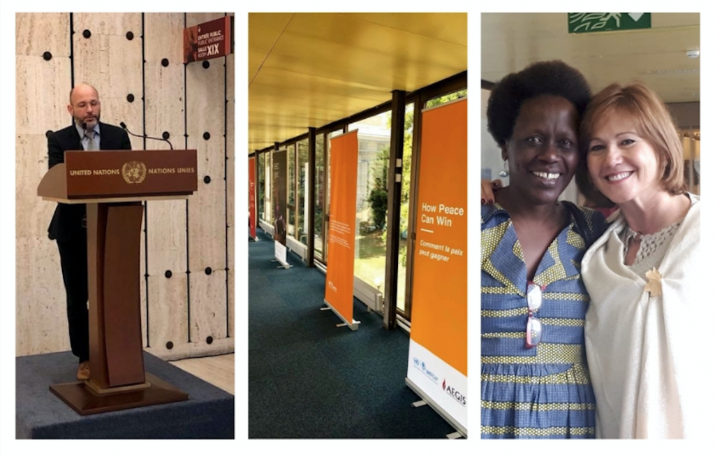 Left to right: Aegis Chief Executive Dr James Smith, Esther Mujawayo-Keiner and Ambassador Beatriz Londoño Soto at the launch of ‘Education for Peace: Preventing Genocide at its roots’, Palais des Nations, Geneva 24 September 2018