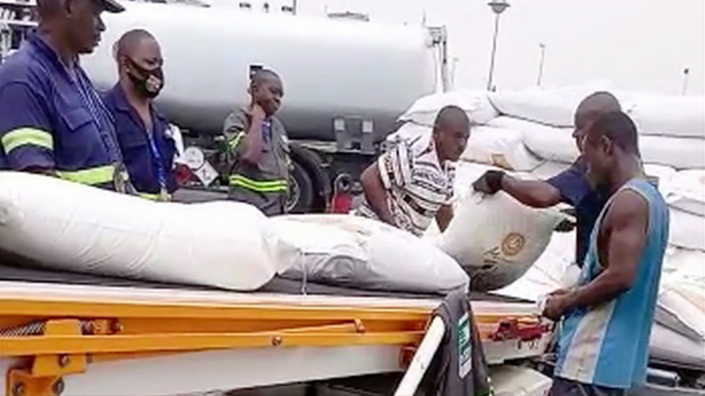 Supported by donors to the Aegis Trust, food is loaded in Douala for shipment to besieged Bangui on Sunday March 7th, 2021.