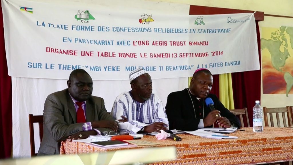 Central African faith leaders Cardinal Dieudonné Nzapalainga, Apostle Nicolas Guérékoyame-Gbangou and Imam Omar Kobine Layama, recipients of the 2024 Aegis Award