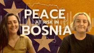 Almasa Salihovic - left - and Amra Begic - right - discuss life in Srebrenica