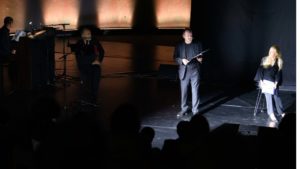 International lawyer Philippe Sands - 2nd from right - on stage at the Kigali Genocide Memorial during East West Street play