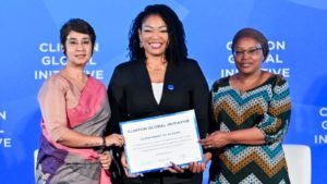 24 Sept 2025 - Alice Wairimu Nderitu (left) sharing the Aegis Trust's Clinton Global Initiative 2025 commitment to open the Isōko Centre for Humanity in 2028